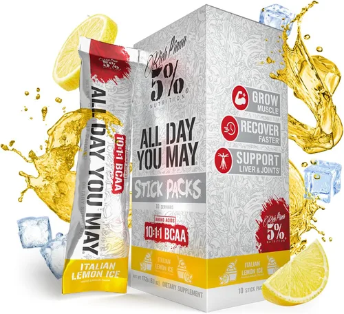 5% Nutrition Rich Piana AllDayYouMay BCAA Powder | 9g de aminoácidos premium intra y post entrenamiento para hidratación, resistencia, recuperación