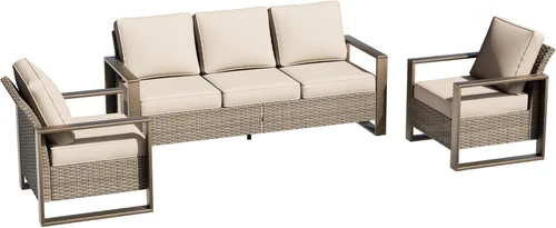 Miniatura 10 de Sofá de Mimbre Metálico para Patio de 75", Sofá Sillón de Ratán para Exteriores de 3 Asientos para Todo Tipo de Clima con Cojines Premium y Beige