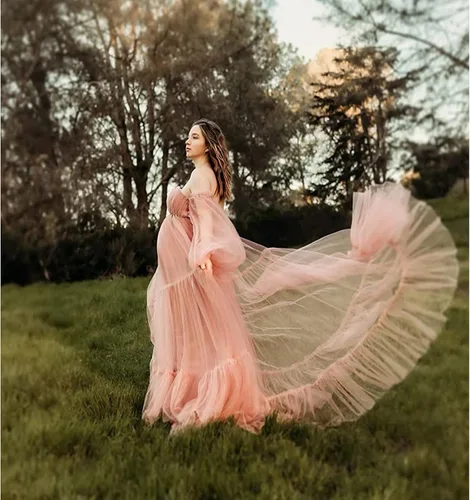 Miniatura 5 de Vestidos de maternidad de tul para sesión de fotos, batas de hombros descubiertos, manga larga, lencería nupcial, baby shower, vestidos de embarazo