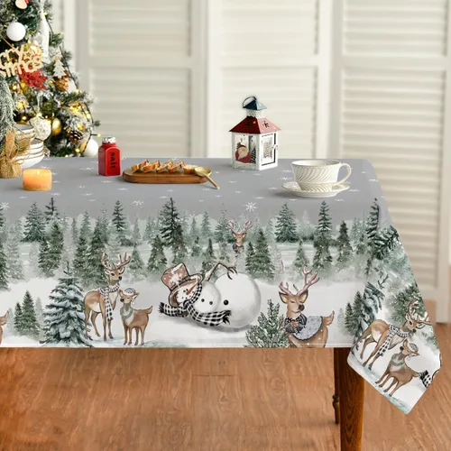 Horaldaily Mantel de Navidad Rectangular de 52×70 Pulgadas, Ciervos Muñeco de Nieve Árboles Gris Cubierta de Mesa Lavable para Fiesta Pícnic