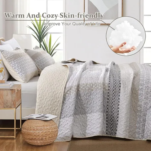 Miniatura 5 de WONGS BEDDING Juego de edredón beige tamaño individual, juego de edredón de rayas bohemias de 3 piezas, juego de colcha acolchada de microfibra