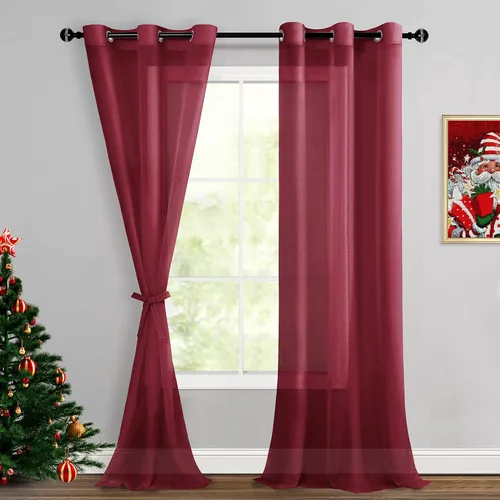 Miniatura 74 de Hiasan - Cortinas traslúcidas de gasa cortas semitransparentes con ojales y alzapaños filtrantes de luz para ventana, dormitorio, baño, 2 paneles