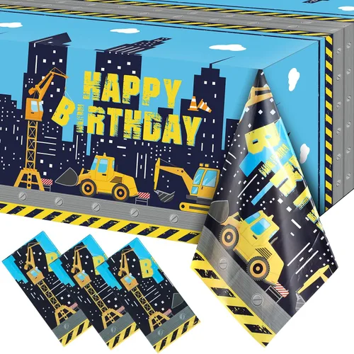 Miniatura 10 de Tatuo Mantel de construcción de feliz cumpleaños, diseño de camión volquete, cubierta de mesa de tractor de plástico impreso, suministros de Negro