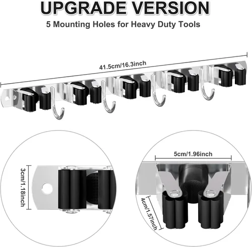 Miniatura 6 de Soporte de Pared para Escoba, Organizador de Escoba de Montaje en Pared de Acero Inoxidable y Colgador de Trapeador de Servicio Pesado, Organización