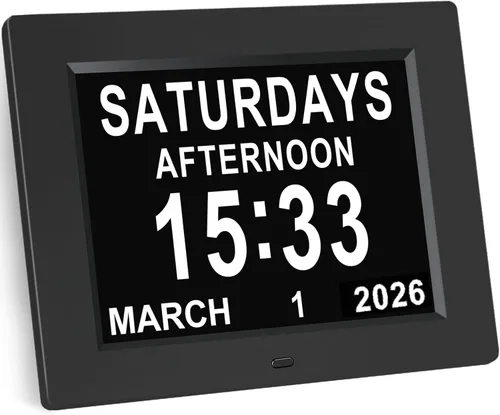 KASTISS Reloj despertador con calendario digital de 8 pulgadas, reloj digital grande fácil de leer, personas con problemas de visión, 12 alarmas