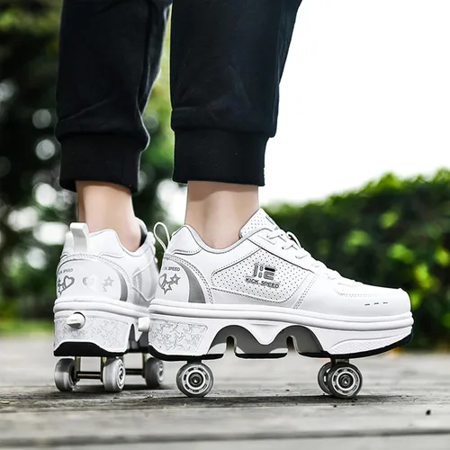 Miniatura 2 de Zapatos patines 2 en 1 con 4 ruedas retráctiles y zapatillas de deformación emergentes para deportes al aire libre y patinaje para niñas y niños