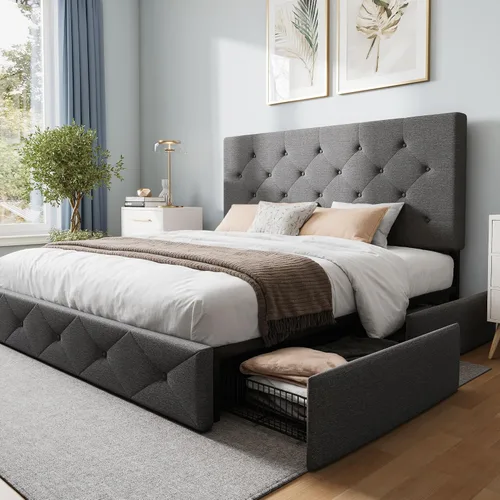 Miniatura 25 de WEEWAY Base de cama de plataforma tamaño Queen con 4 cajones de almacenamiento, cabecera capitonada con botones de puntada cuadrada, base de colchón