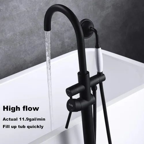 Miniatura 3 de Grifo de bañera independiente Llenador de bañera Negro Alto Flujo 11.9GAL Grifos de montaje en piso con rociador de ducha de mano RIGOBAL