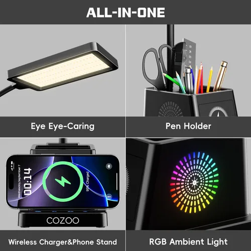 Miniatura 8 de Lámpara de escritorio LED Cozoo para hogar y oficina, lámpara de escritorio brillante de 15W con cargador inalámbrico y soporte para bolígrafos