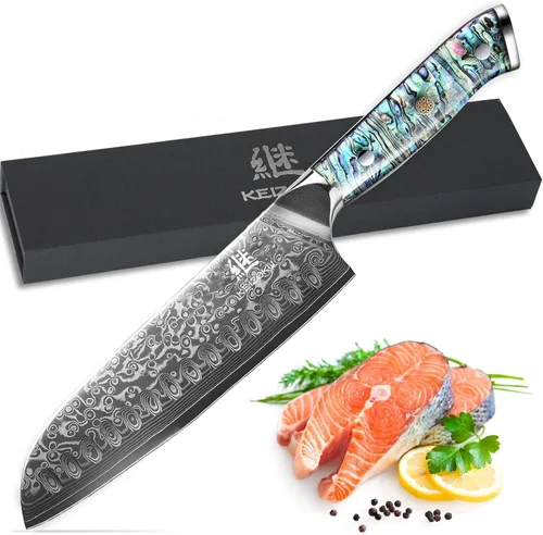 Miniatura 9 de Cuchillo Santoku de acero de Damasco de 7 pulgadas, hoja profesional japonesa 10Cr15MOV con patrón de martillo forjado a mano, cuchillo de cocina