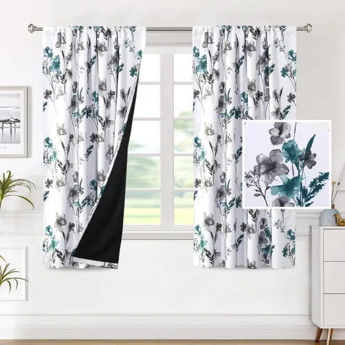 Miniatura 32 de H.VERSAILTEX Cenefas de cortina 100% opacas para ventanas de cocina, juego de 2 paneles de Cattleya con estampado floral Leah con aislamiento