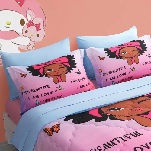 Miniatura 15 de Juego de ropa de cama con lazo para niñas, tamaño matrimonial, 7 piezas, color azul, Kawaii con lazo, cama en una bolsa para niños y adolescentes