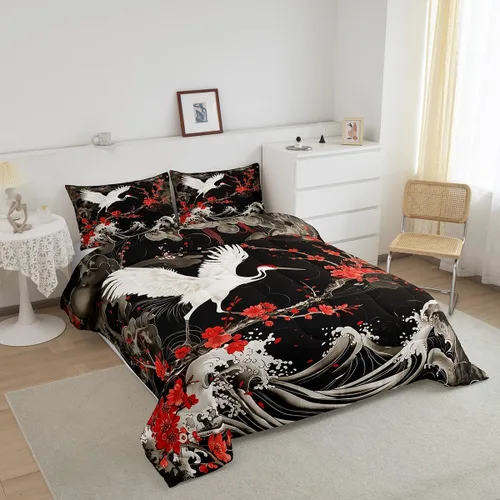 Miniatura 2 de Manfei Juego de edredón de flor de cerezo para niños, tamaño individual, juego de ropa de cama de animales salvajes con grúa Ukiyo-e japonés