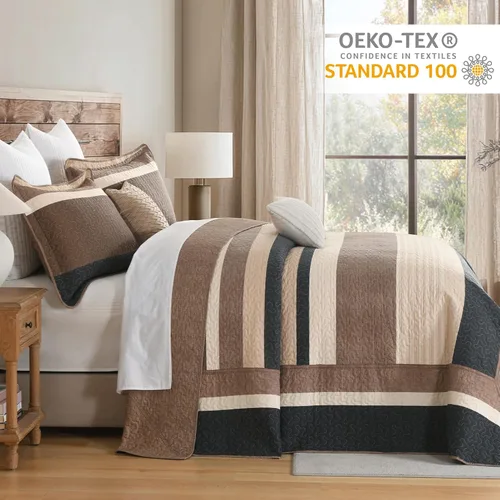 Miniatura 3 de Finlonte Colcha tamaño Queen, 100% algodón, cubrecamas de gran tamaño, tamaño Queen, color marrón carbón, beige, acolchado, a rayas, estilo granja