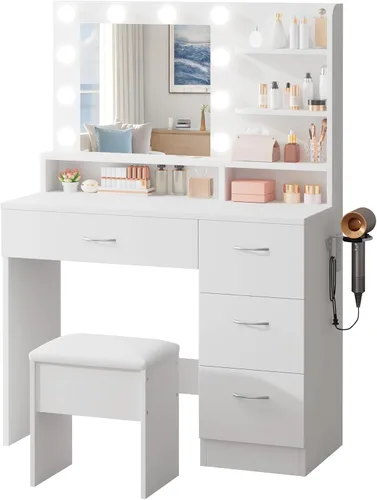 Miniatura 2 de LIVELYGLOW Tocador de maquillaje blanco con espejo HD y 10 bombillas LED, tocador de 34.3 pulgadas con estación de carga, 4 cajones, estante