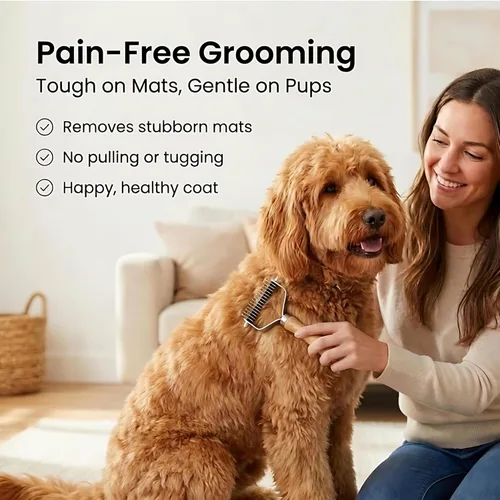 Miniatura 2 de Peine de desenredar para mascotas para perros y gatos con mango de madera, rastrillo de subpelo para perros con cuchillas de acero inoxidable, peine