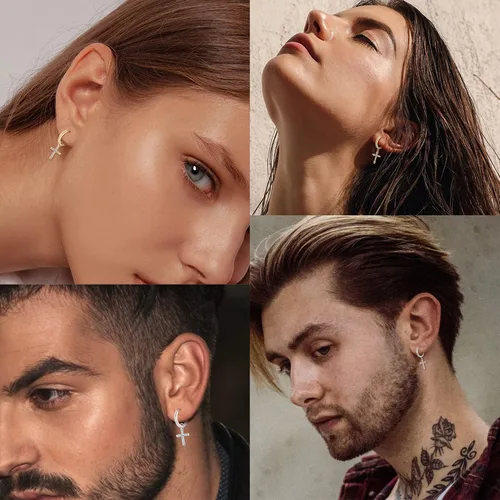 Miniatura 6 de Milacolato Aretes de plata de ley 925 con cruz para hombres y mujeres, delicados aretes de aro con circonita cúbica, aretes colgantes de cruz