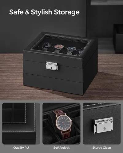 Miniatura 66 de SONGMICS UJWB012 - Caja de reloj de 12 ranuras, caja de reloj con cerradura con tapa de vidrio, 2 capas, con 1 cajón para anillos, pulseras, idea