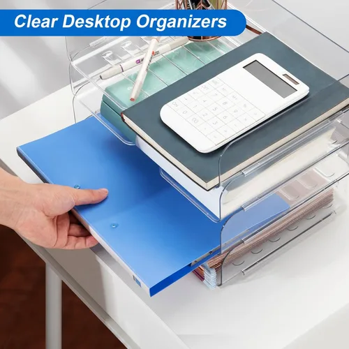 Miniatura 2 de Organizador y almacenamiento de escritorio, 4 niveles, organizador de escritorio transparente apilable para documentos, almacenamiento de revistas