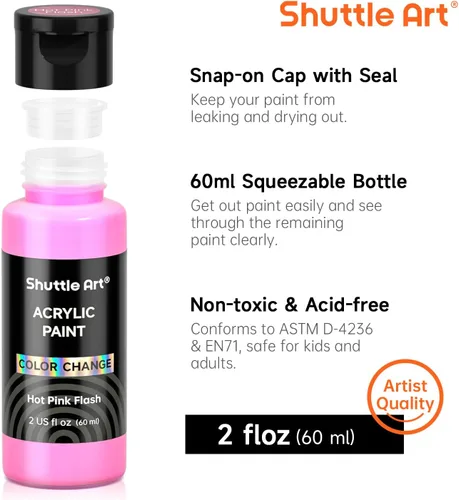 Miniatura 4 de Conjunto de pintura acrílica de cambio de color Shuttle Art, 16 colores camaleón en botellas (60ml/2oz), pintura acrílica no tóxica para artistas