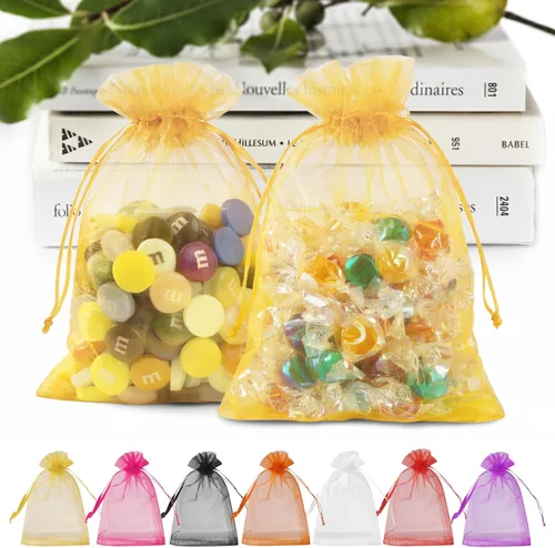 ANZNKU Paquete de 50 bolsas de organza pequeñas de malla de 4 x 6 pulgadas, bolsa de regalo dorada de primera calidad con cordón, bolsa de malla