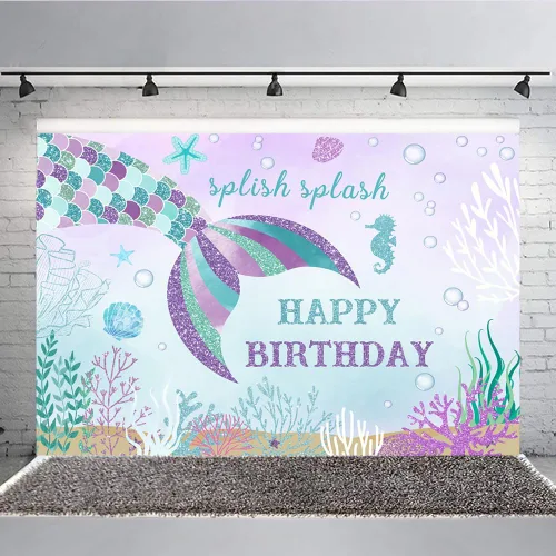 Miniatura 4 de Lofaris Telón de fondo de sirena de 5 x 3 pies con temática de cola de pez para niños y niñas bajo el mar Splish Splash Oneder The Sea 1st Bday