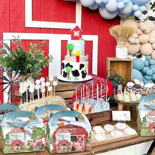 Miniatura 7 de Cajas de fiesta de granja, 12 cajas de regalo temáticas de granja con tarjetas de agradecimiento para cumpleaños, suministros de fiesta temática