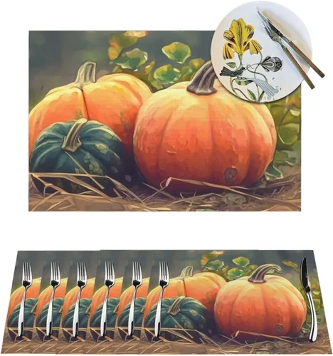 Juego de 6 manteles individuales de PVC de cosecha de calabaza madura antideslizante, 12 x 18 pulgadas, juego de manteles individuales de granja