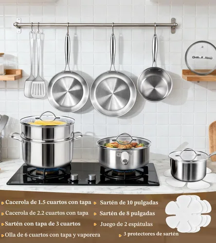 Miniatura 2 de Juego de ollas y sartenes de 16 piezas, juego de utensilios de cocina de acero inoxidable de tres capas con tapas, juego de cocina no tóxico, apto