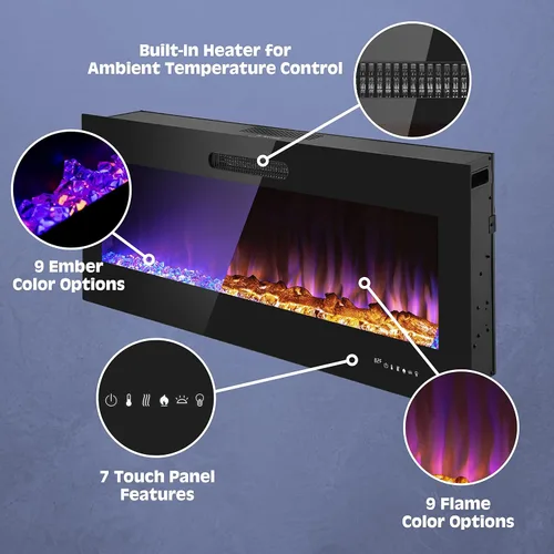 Miniatura 2 de Prominence Home Chimenea eléctrica de diseño delgado LED y chimenea montada en la pared con calentador de 1500 W, opciones de troncos y brasas