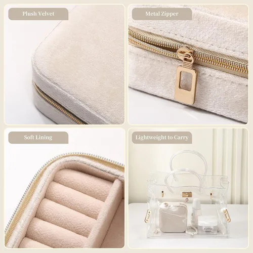 Miniatura 4 de CASEGRACE Joyero de viaje, joyero de terciopelo de felpa, organizador de viaje pequeño, organizador de viajes, anillos, collares, pulseras, aretes