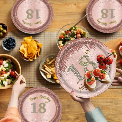 Miniatura 6 de Decoraciones de cumpleaños número 18 para niñas, platos y servilletas de oro rosa, suministros de fiesta de papel rosa para mujeres, juego de 96