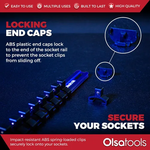 Miniatura 4 de Olsa Tools - Organizador de llaves de vaso de aluminio con tapas de extremo con candado - Accionamiento de 3/8 pulgadas - Raíles de soporte de Azul