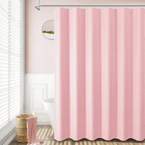 Miniatura 6 de Dynamene cortina de ducha de tela rosa - Cortinas de ducha de nido de abeja texturizadas de alta resistencia para baño, 256GSM cortina de baño
