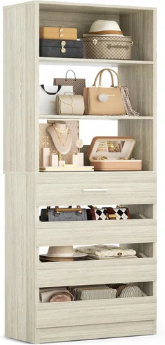 Miniatura 8 de Aheaplus Sistema de armario de 54 cm con 4 cajones, organizador de armario de madera con estantes abiertos, sistema de cajones modular en torre