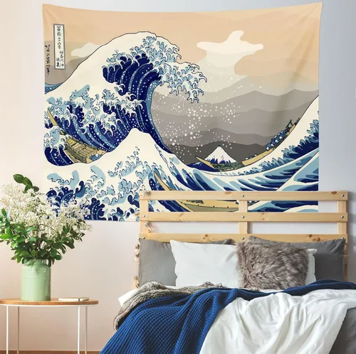 Miniatura 3 de CORFOTO Tapiz retro de 60 x 40 pulgadas, prefectura japonesa de Kanagawa, tapiz de ondas japonesas antiguas, tapices de estilo japonés