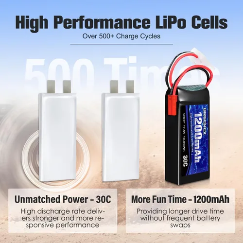 Miniatura 4 de Batería Lipo de 7.4 V con enchufe JST 2S 30C (60 C) batería de litio recargable de 1200 mAh compatible con UDIRC Cheewing y la mayoría de coches RC