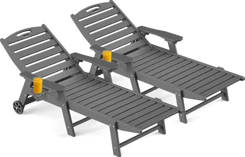 Miniatura 20 de Ciokea Silla de Descanso para Exteriores, Tumbona de Gran Tamaño con 5 Posiciones, HDPE, Silla de Descanso de Patio con Ruedas y Portavasos para Gris