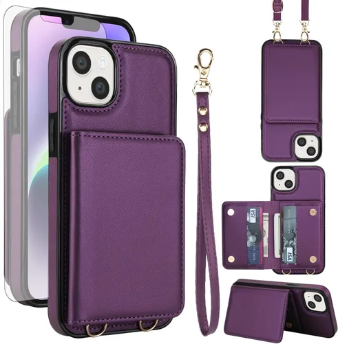 Miniatura 9 de Funda de teléfono para iPhone 13 Mini de 5.4 pulgadas con protector de pantalla, correa cruzada para muñeca, bloqueo RFID, tarjetero de crédito