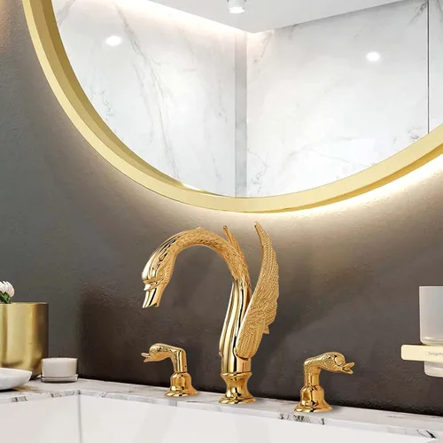 Miniatura 2 de Oro dorado adornado estilo cisne baño fregadero grifo combinado cubierta montaje fregadero mezclador grifo conjunto agua fría caliente