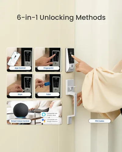 Miniatura 5 de DESLOC Cerradura inteligente WiFi D110 Plus, Wi-Fi incorporado, sin necesidad de hub, cerradura de entrada sin llave con huella dactilar, cerrojo