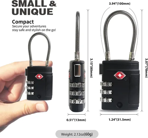 Miniatura 3 de Cerraduras TSA para equipaje, combinación de candado pequeño, cerraduras de equipaje aprobadas por la TSA, candados combinados con cable