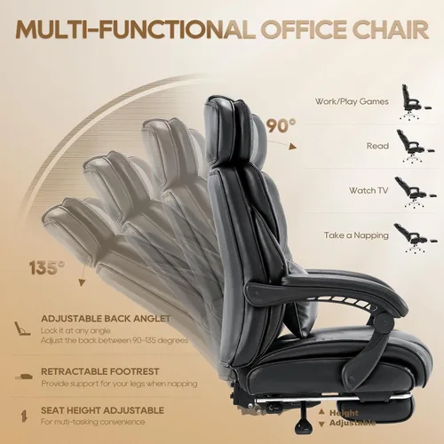 Miniatura 4 de Silla de oficina de respaldo alto con reposacabezas ajustable, reposapiés retráctil y almohada lumbar, silla de escritorio ejecutiva ergonómica