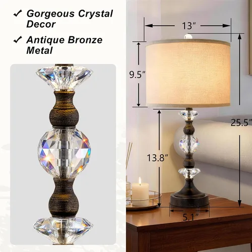 Miniatura 2 de Juego de 2 lámparas de mesa de cristal de 25.5" para dormitorio, lámparas de mesita de noche de bronce con puertos de carga USB A+C con pantalla