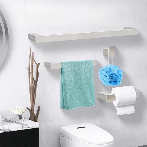 Klabb Juego de 4 piezas de accesorios de baño plateados metálicos, juego de toallero de acero inoxidable SUS304 de 24 pulgadas con soporte para