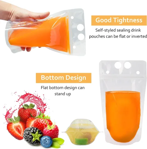 Miniatura 6 de Ozera Bolsas para bebidas, 100 bolsas reutilizables de 16 onzas para adultos, bolsas resistentes para adultos con embudo de pajita, bolsas de jugo