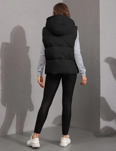 Miniatura 7 de Tanming Chaleco acolchado negro para mujer, con cremallera, ligero, sin mangas, para invierno, con capucha