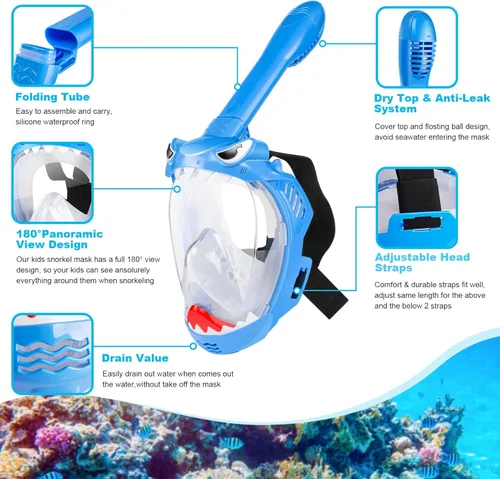 Miniatura 2 de Full Face Snorkel Mask for Kids with 180° Panoramic View, Snorkeling Set Featuring Anti-Leak and Anti-Fog Foldable Dry Top Design for Safe
