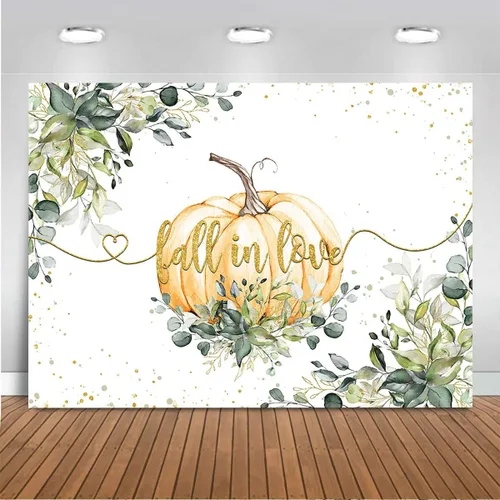 Miniatura 8 de Mocsicka Fondo de fondo de otoño enamorado, tema de boda, hojas de eucalipto verdes, lunares dorados, calabaza, fondo de vinilo, calabaza