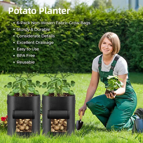 Miniatura 7 de Paquete de 6 bolsas de cultivo de papas, bolsas de plantación de 10 galones, macetas grandes de tela con ventana de solapa, maceta de jardín, Negro